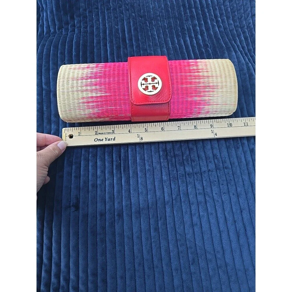 TORY  BURCH  Straw Clutch Tan/pink/red
